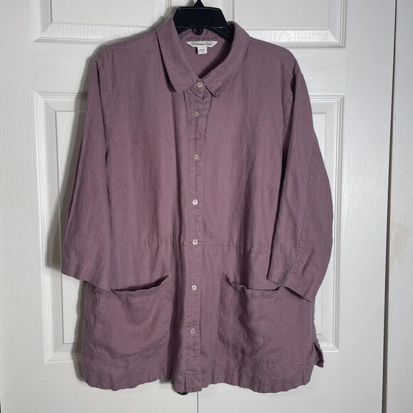 Coldwater Creek Tunic Shirt Women 2X Mauve Linen Button Up Pockets 3/4 Sleeve - Picture 1 of 11
